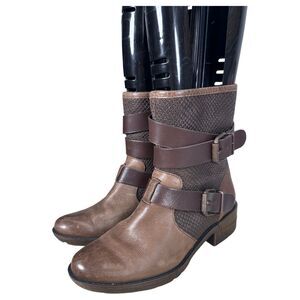 Sofft Aldina Leather Buckle Strap Moto Biker Distressed Brown Boots Booties 7
